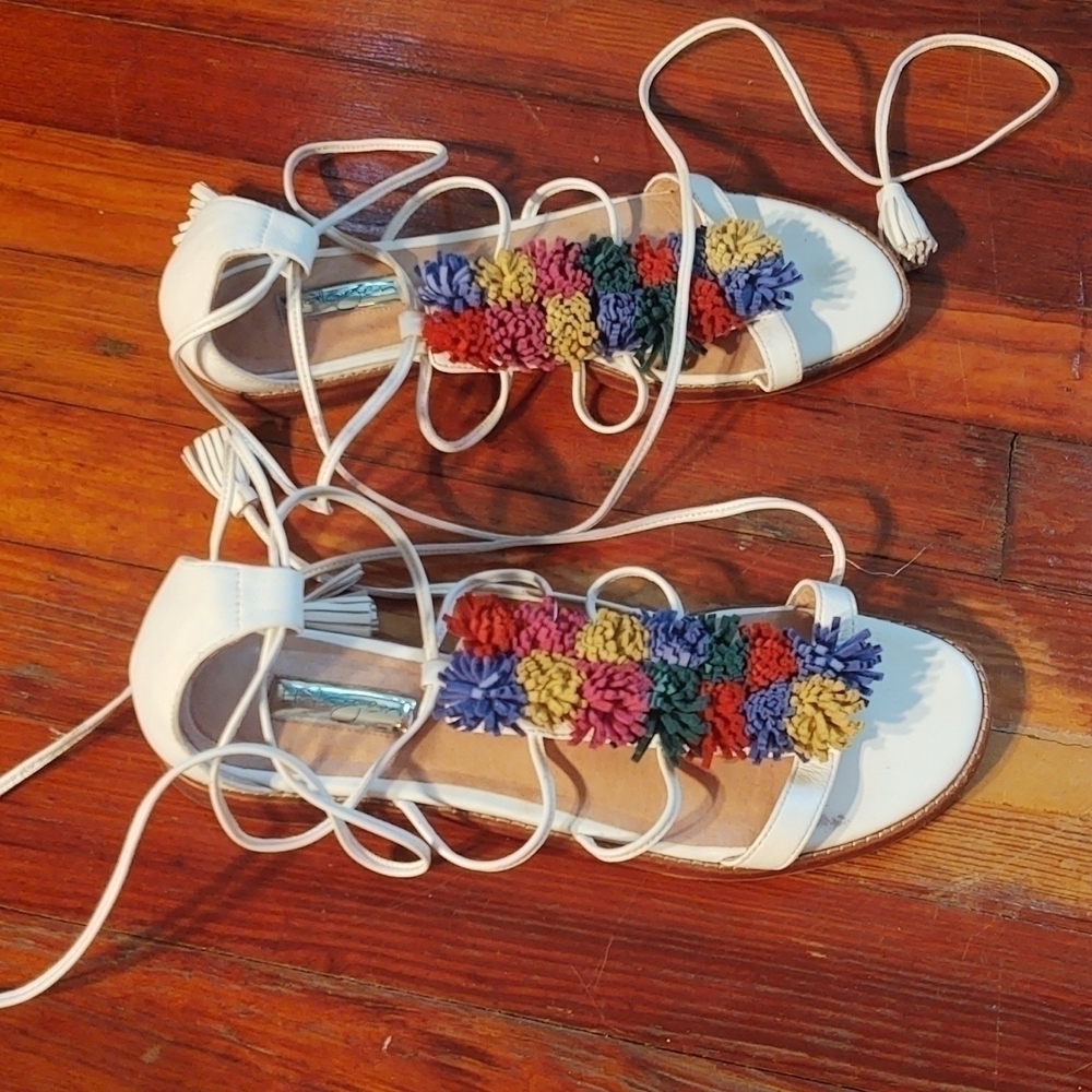 Halogen Lace Up Strappy Rainbow Pom-Poms Sandals Sz 8.5 - Picture 5 of 9
